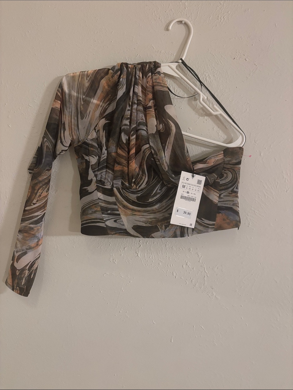 #Zara One-Shoulder Marble Print Crop Top in Brown/green